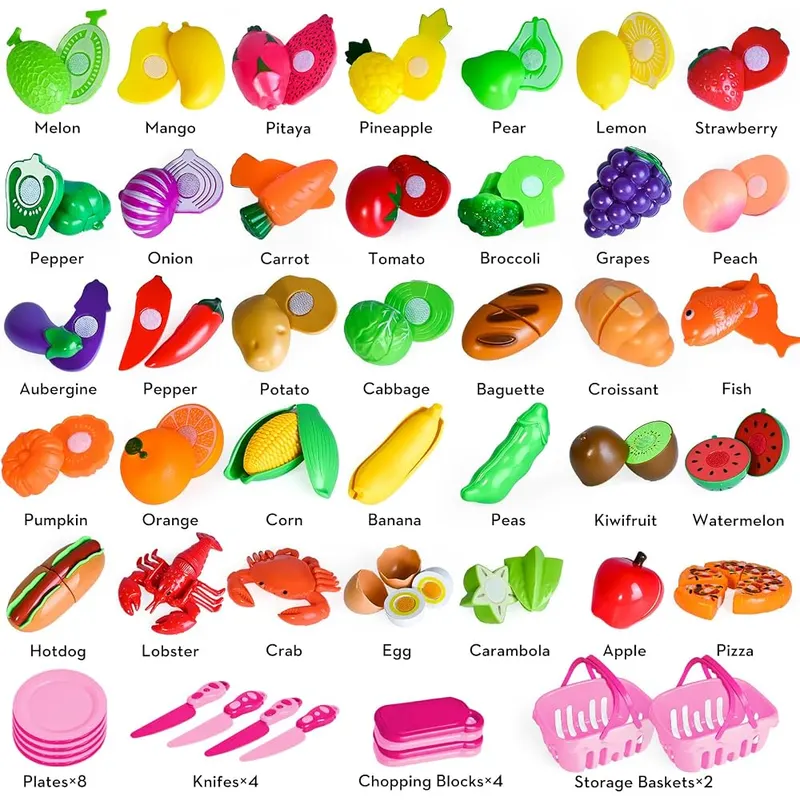 100-Piece Cutting Play Food Set, Pink baskets, view 4