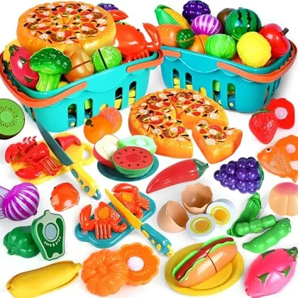 100-Piece Cutting Play Food Set, Teal baskets