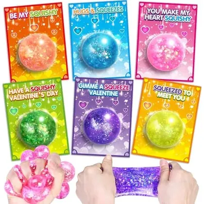 24 Valentine Cards with Bright Glitter Squeeze Balls