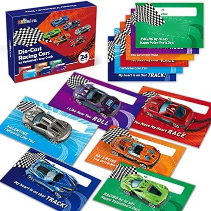 24 Valentine Cards with Die-Cast Racing Cars