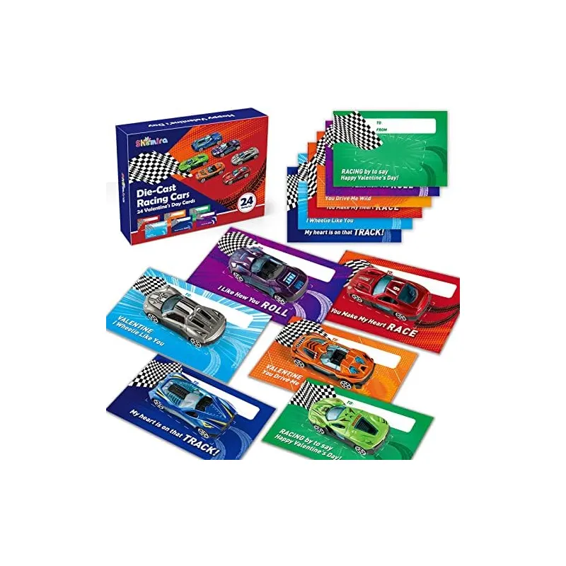24 Valentine Cards with Die-Cast Racing Cars