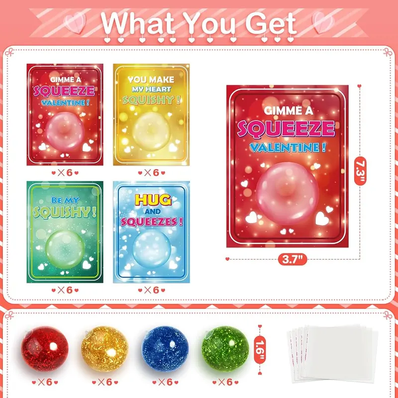 24 Valentine Cards with Glitter Squeeze Balls, view 2