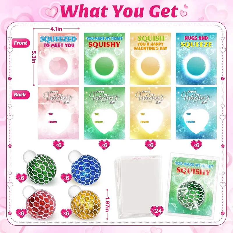 24 Valentine Cards with Mesh Squeeze Balls, view 2