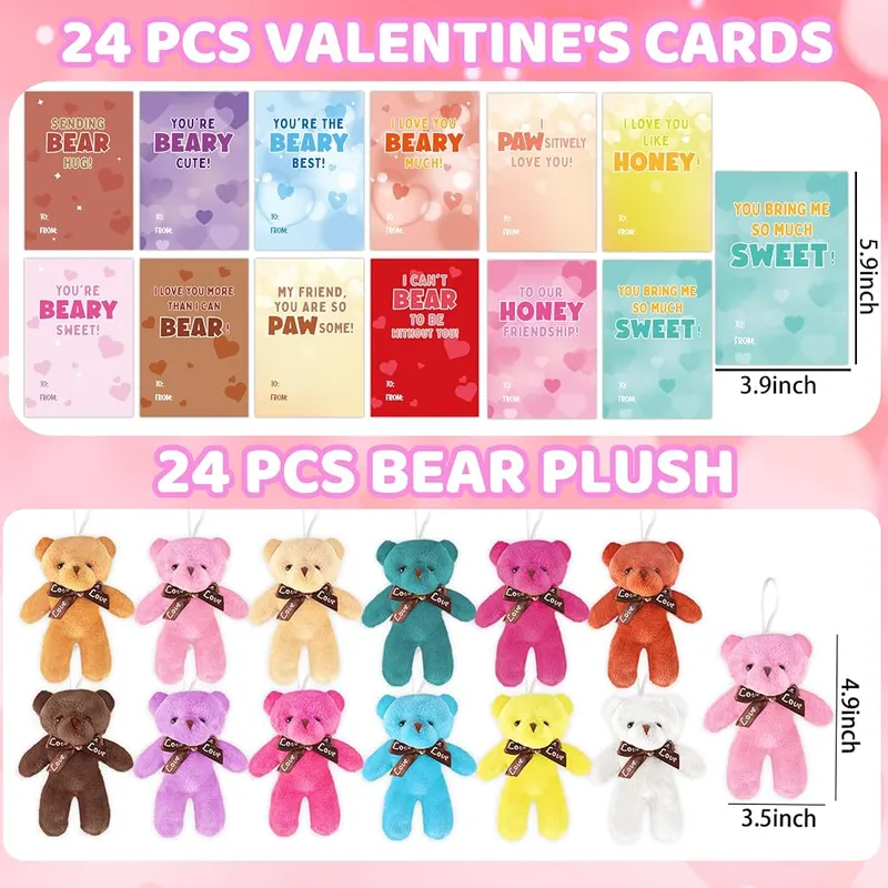 24 Valentine Cards with Mini Plush Bears, view 2