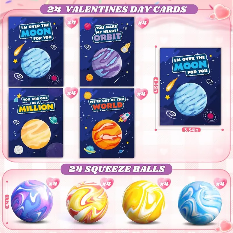 24 Valentine Cards with Planet Squeeze Balls, view 2