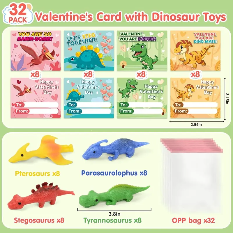 32 Valentine Cards with Slingshot Dinosaurs, view 2